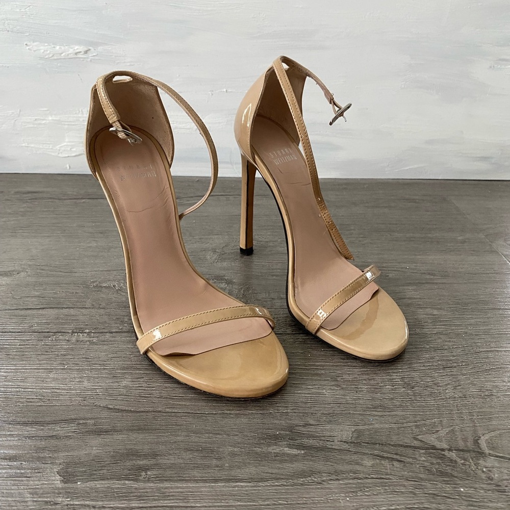 Stuart Weitzman Nudist Adobe Patent Tan High Heel Sandals